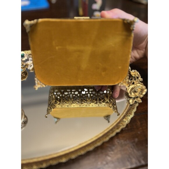 Jewelry Box Gold Trinket Filigree Flowers Beveled Glass ORMOLU Velvet Vtg Casket - Picture 7 of 11